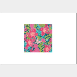 Flowers and butterflies on teal background Posters and Art